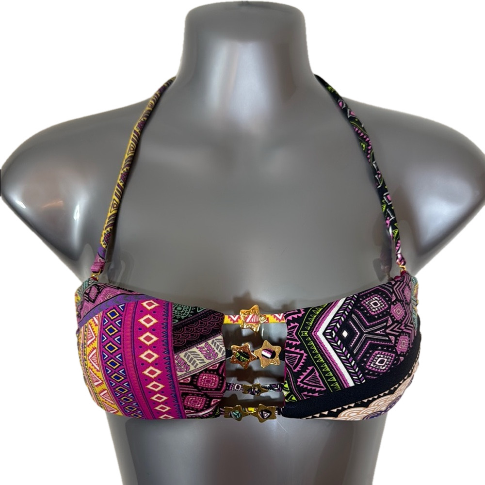 Miss Bikini Multicolor Patterned Star Hardware Tie Back Halter Bikini Top SKU028